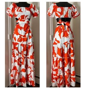 Orange White Off Shoulder Cut Out Maxi Dress